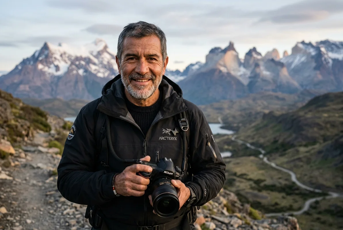 Retrato provisional de Aldo Jara con una cámara fotográfica