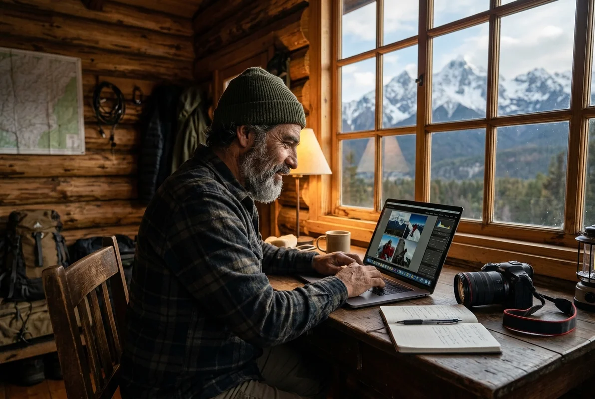 Aldo trabajando en una laptop frente a las montañas en una cabaña rústica
