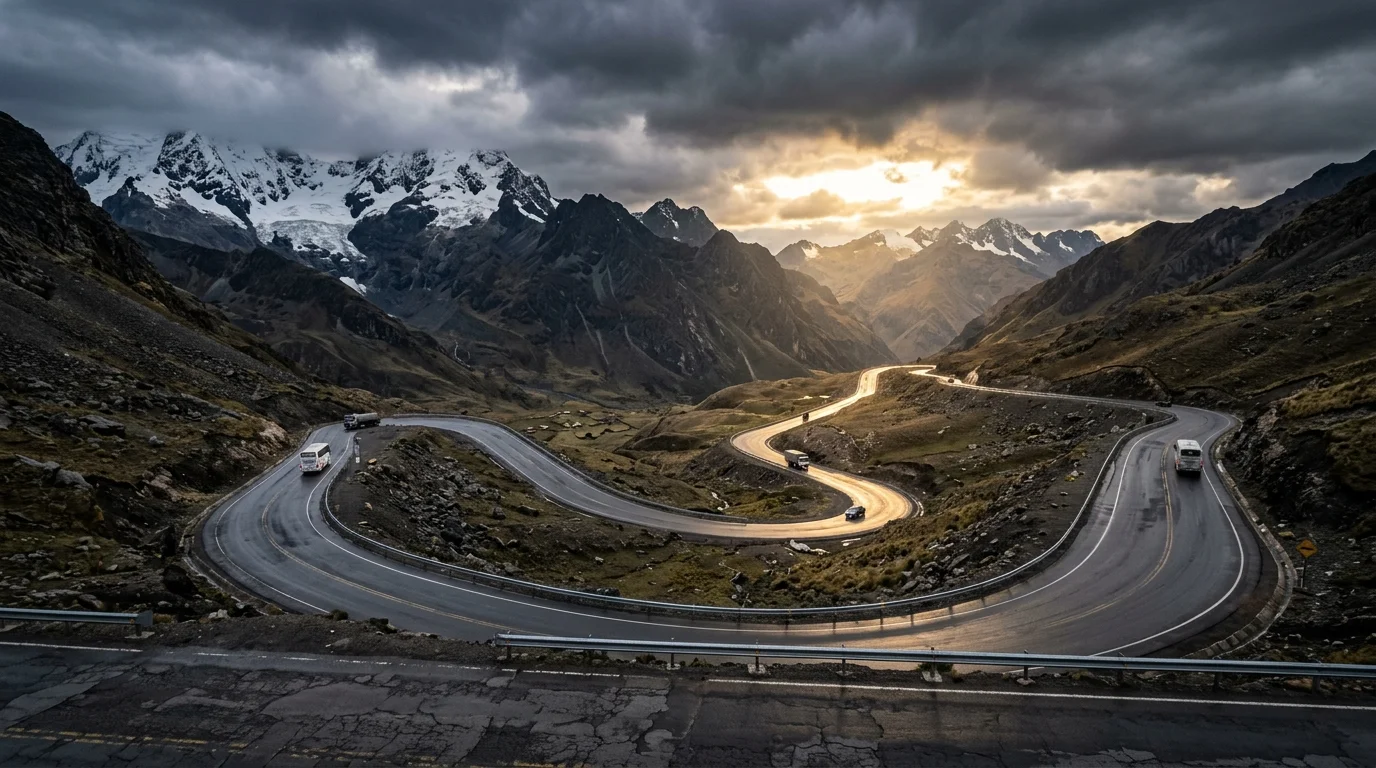 Carretera andina peruana al atardecer