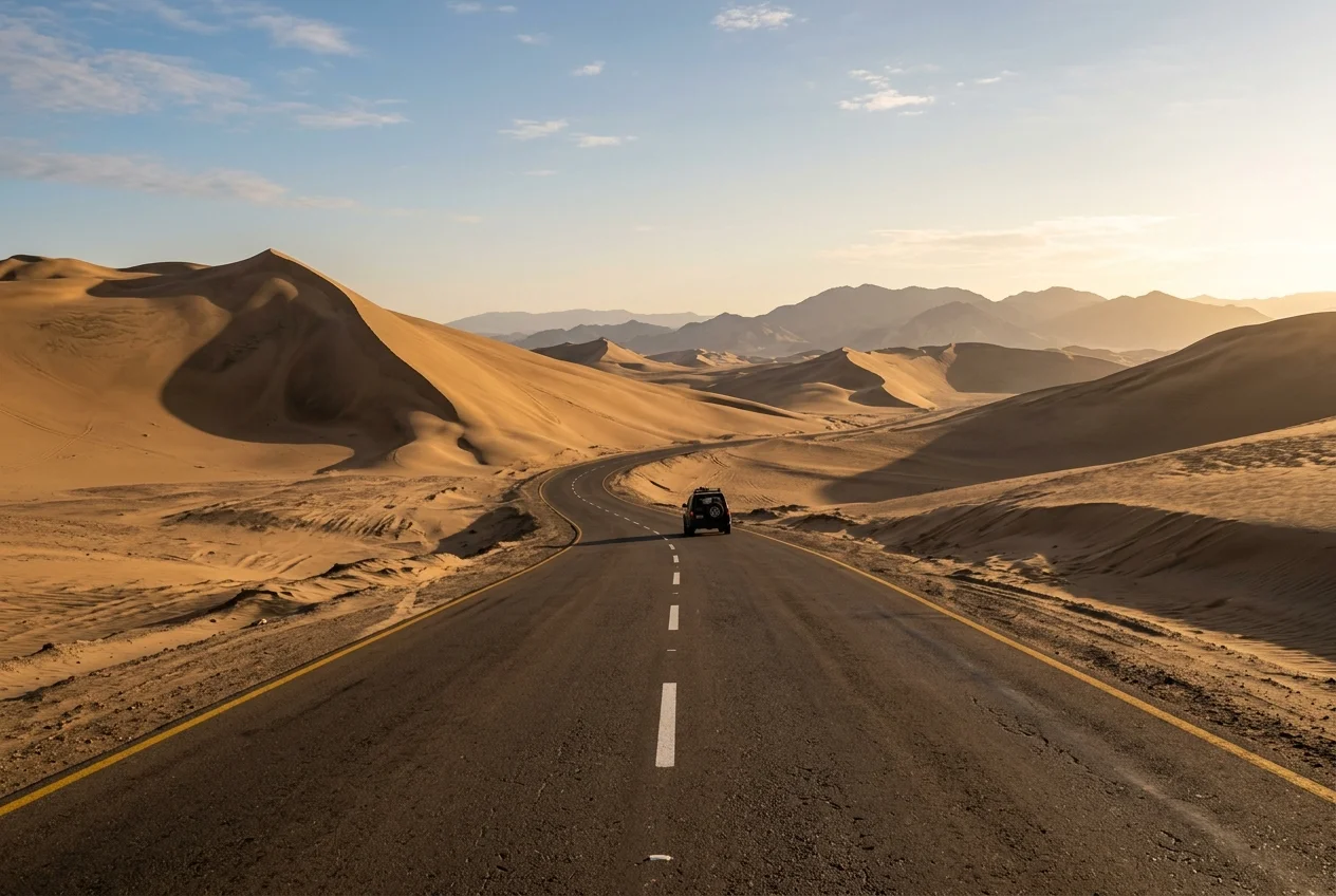 Vista interior del habitáculo de un coche circulando por una sinuosa carretera de montaña