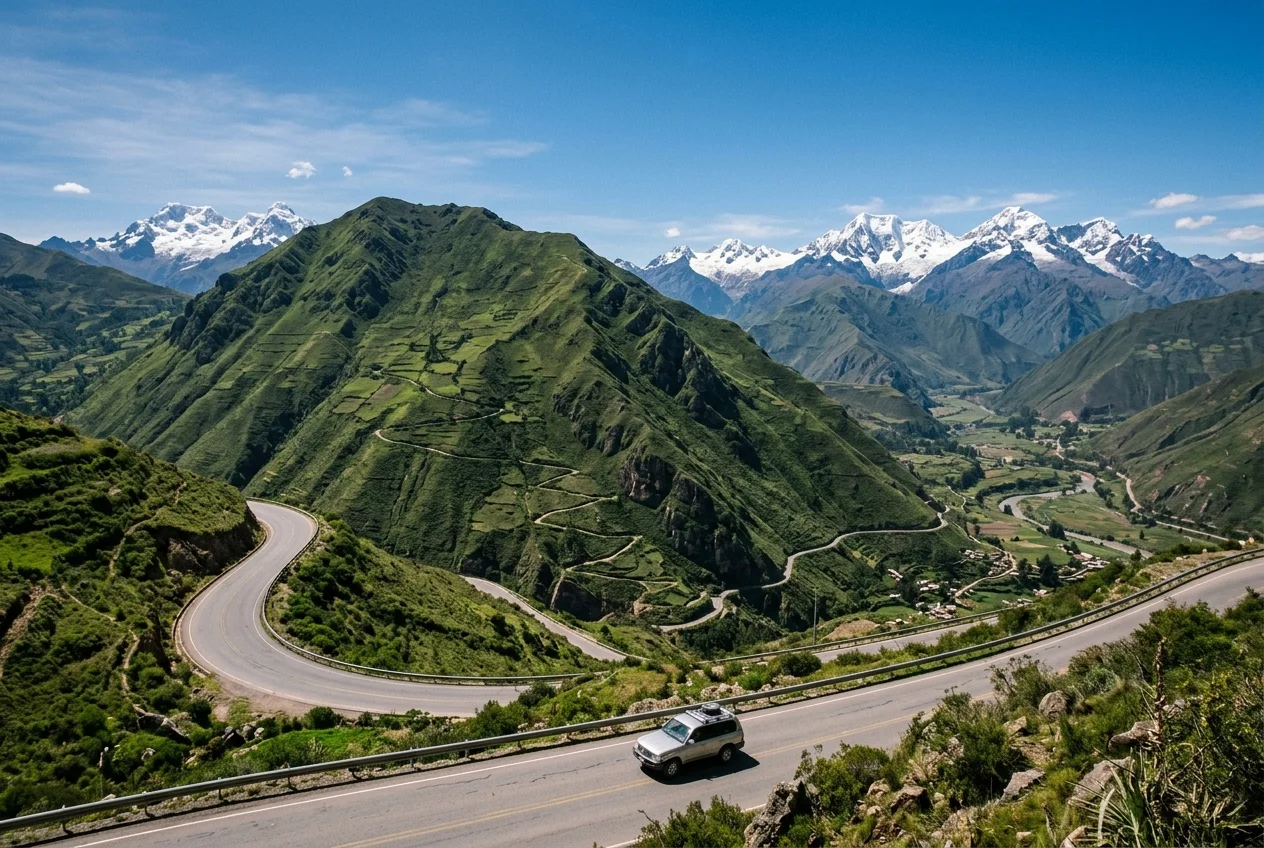 Vista aérea de una carretera de montaña descendiendo sinuosamente entre colinas verdes